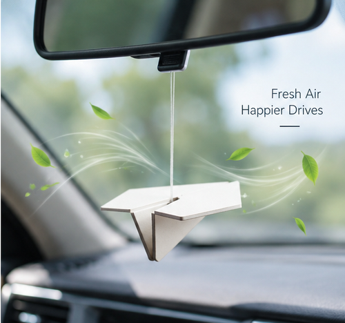 AeroFold Hanging Cabin Freshener installed below a rearview mirror