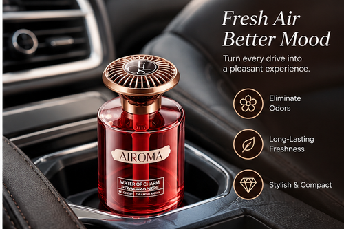 Airoma Glass Cabin Diffuser placed in a center-console cup holder