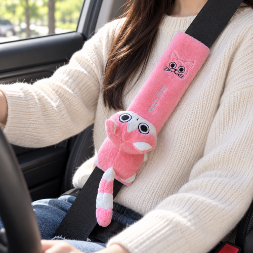CozyCat Plush Seat Belt Cover installed on a seat belt